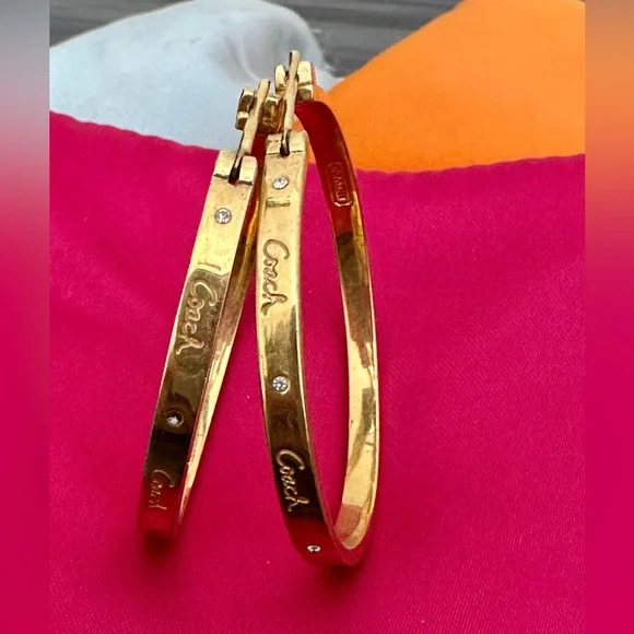 Coach Gold Hoop Earrings with Coach Script & Stones - Picture 3 of 5